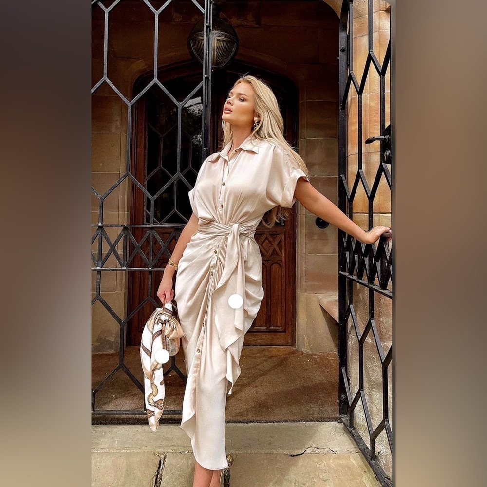 Fashion Nova Beige Satin Shirtdress with Ruched Tie Waist